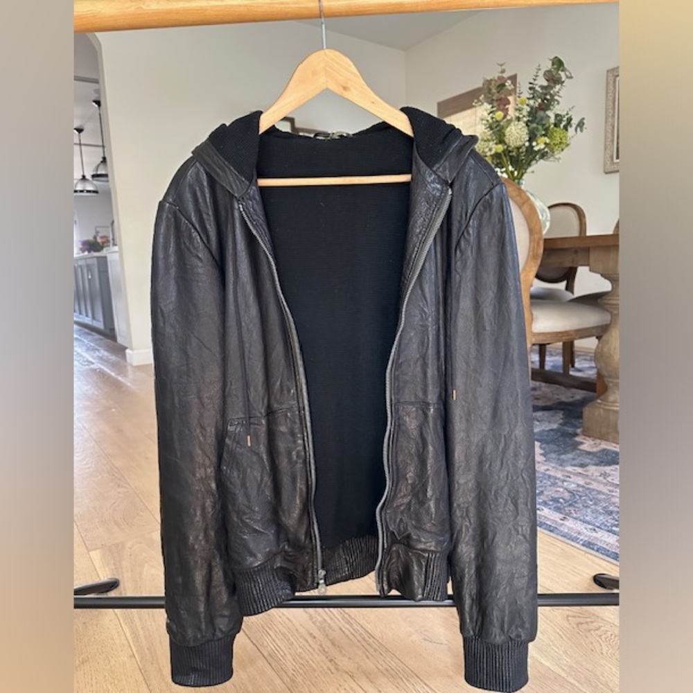 Ever Men’s leather dark brown leather hoodie jacket. Retailed for $700. Size M